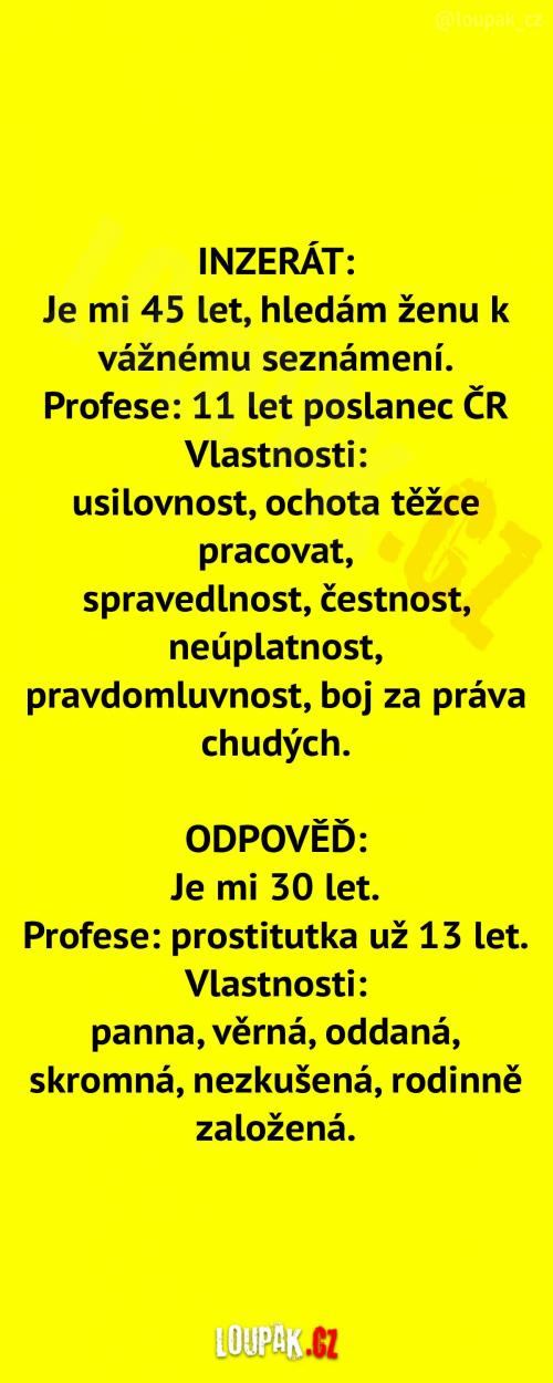 Inzerát: hledám ženu 