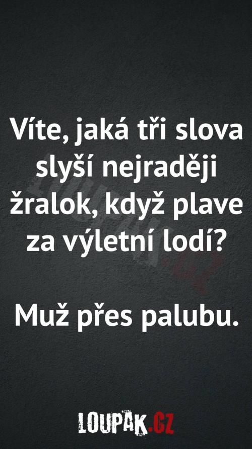  Jaká tři slova slyší žralok, když plave za lodí 