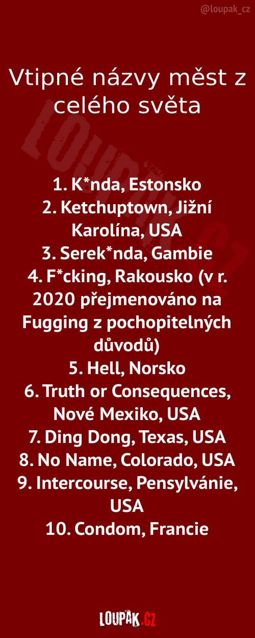  Vtipné názvy měst ze světa 