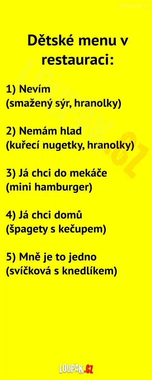  Dětské menu v restauraci 