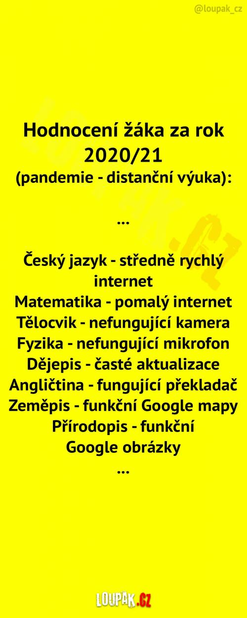 Hodnocení žáka při distanční výuce Hodnocení žáka při distanční výuce