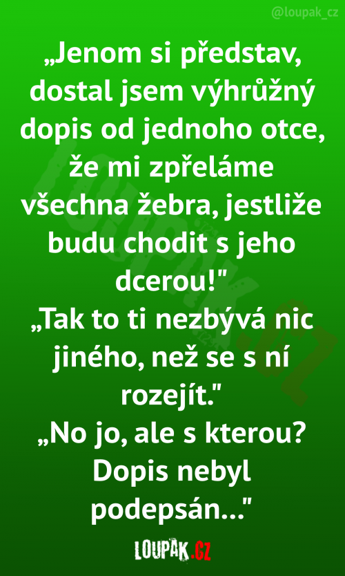  Jenom si představ, dostal jsem výhružný dopid od jednoho otce 