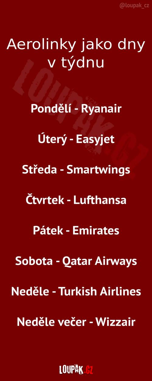 Aerolinky jako dny v týdnu 