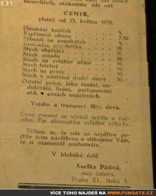  Ceník z nevěstince - rok 1932 