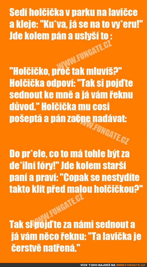  Sedí holčička v parku na lavičce a kleje 