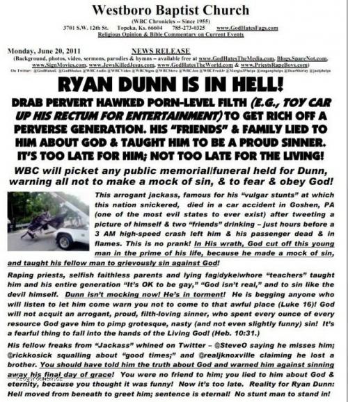  Westboro Baptist Church Set to Protest Ryan Dunn Funeral 