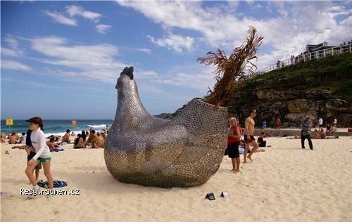 Giant Metal Chicken on the Beach