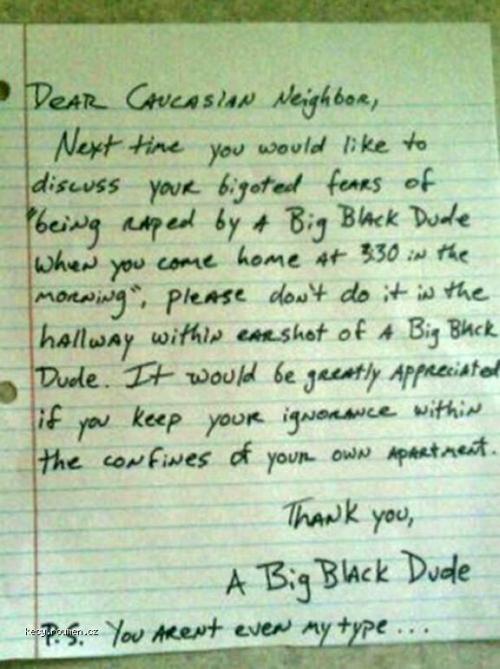  Note To Neighbor From Big Black Dude 
