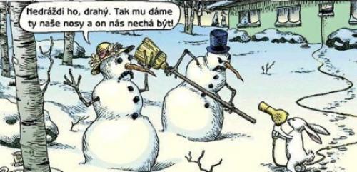 Králík vyhrožuje sněhulákům