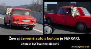 Červené auto s koněm