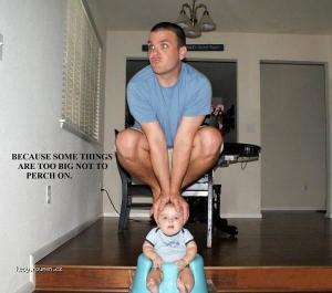 Man Perches on Babys Head