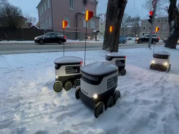     Kurýrní roboti zapadli ve sněhu    